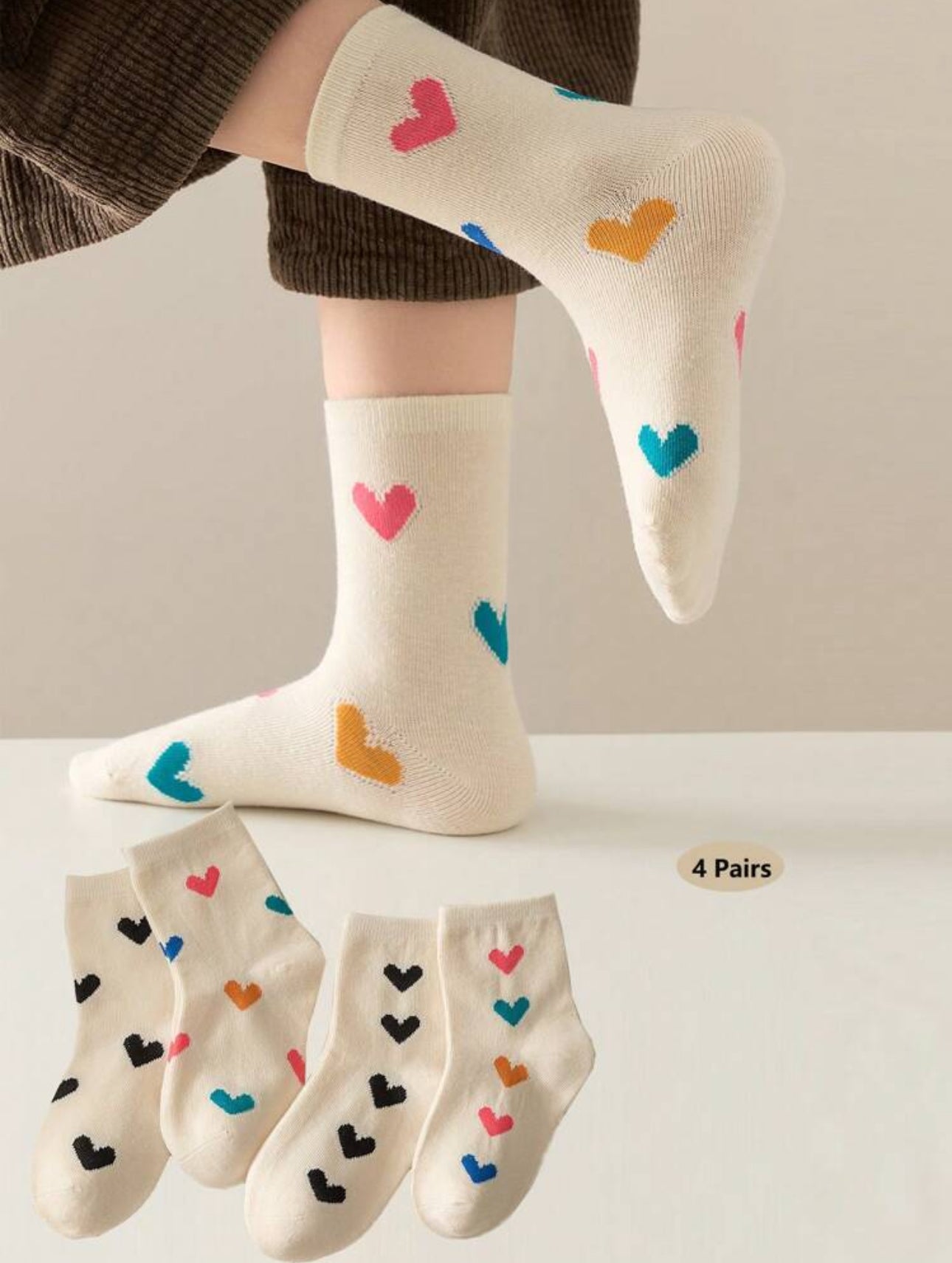 4 Pairs Kids Colorful Heart Print Comfortable Soft Mid-Calf Socks | JA.VA.NAH