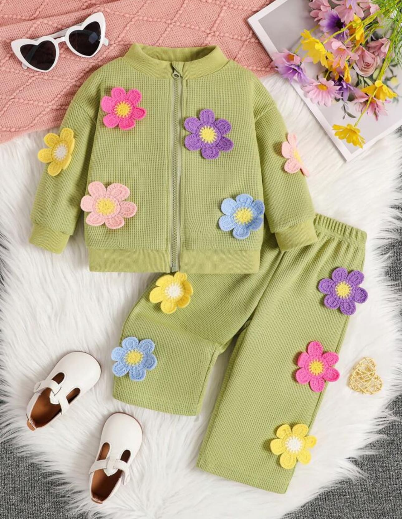 2pcs Baby Girl's Casual Comfortable Colorful Flower Top And Pants Set