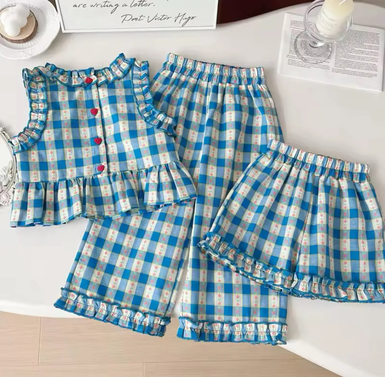 Ava 3 PCS Bleu Plaid Floral Sets