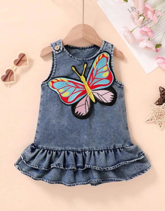 Butterfly Embroidered Denim Dress With Double Layered Ruffle Hem, Suitable For Leisure, Daily Wear, Vacation, And Outdoor Activities