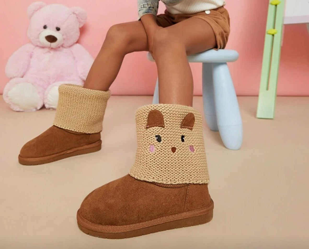 Knit Critter Face, Cozy Winter Boots With Anti-Slip